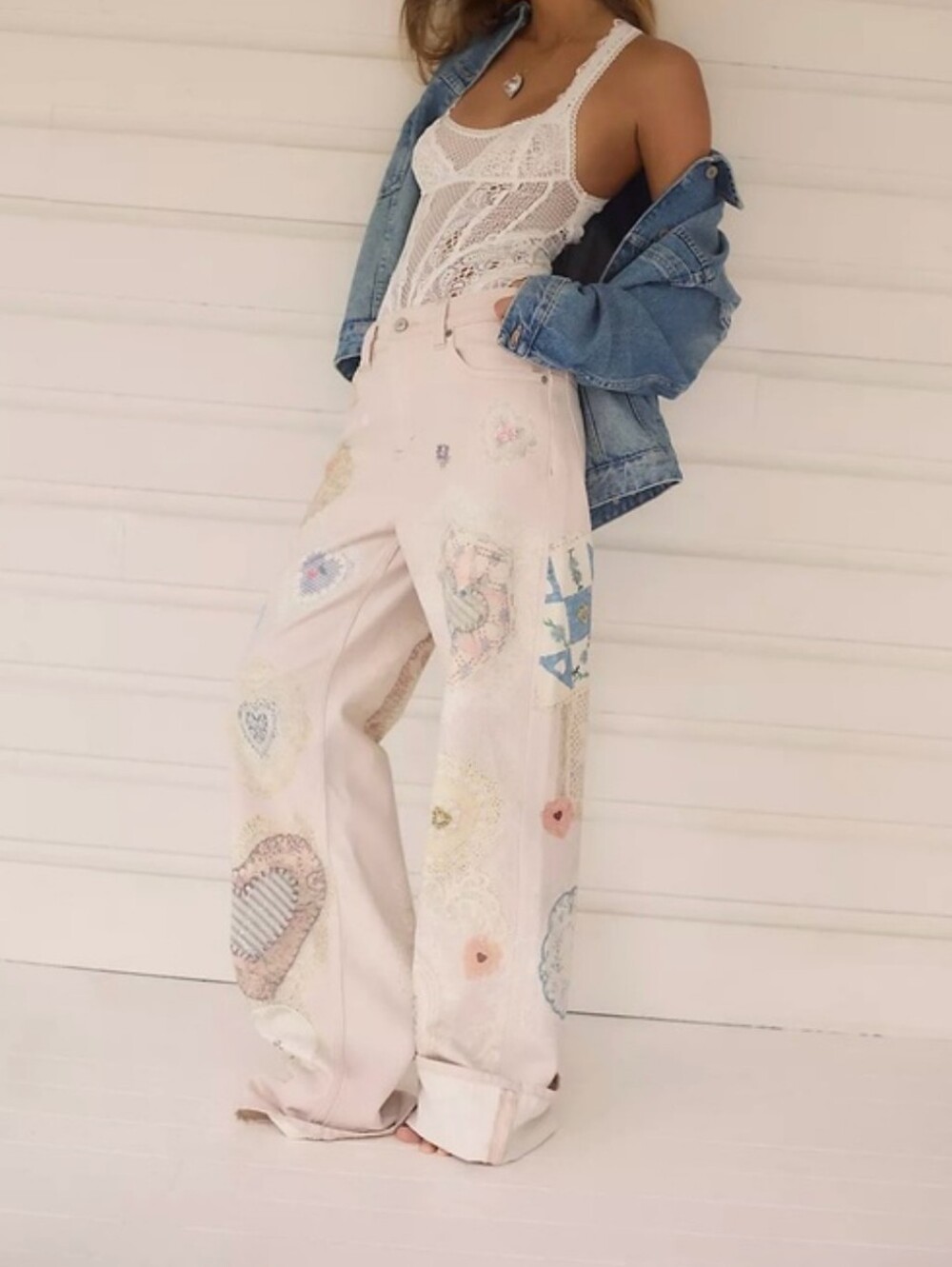 We The Free Cream Heart & Floral Print straight -Leg Jeans. Limited Edition